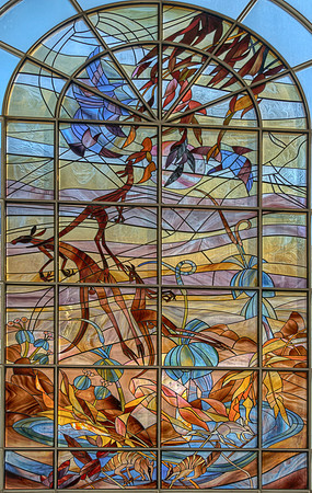 The stained glass window outside the West entrance of Myer on the first floor