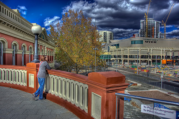 View from the Horseshoe Bridge across Wellington Street, looking toward Forrest Place. Forrest Chase is the shopping precinct.